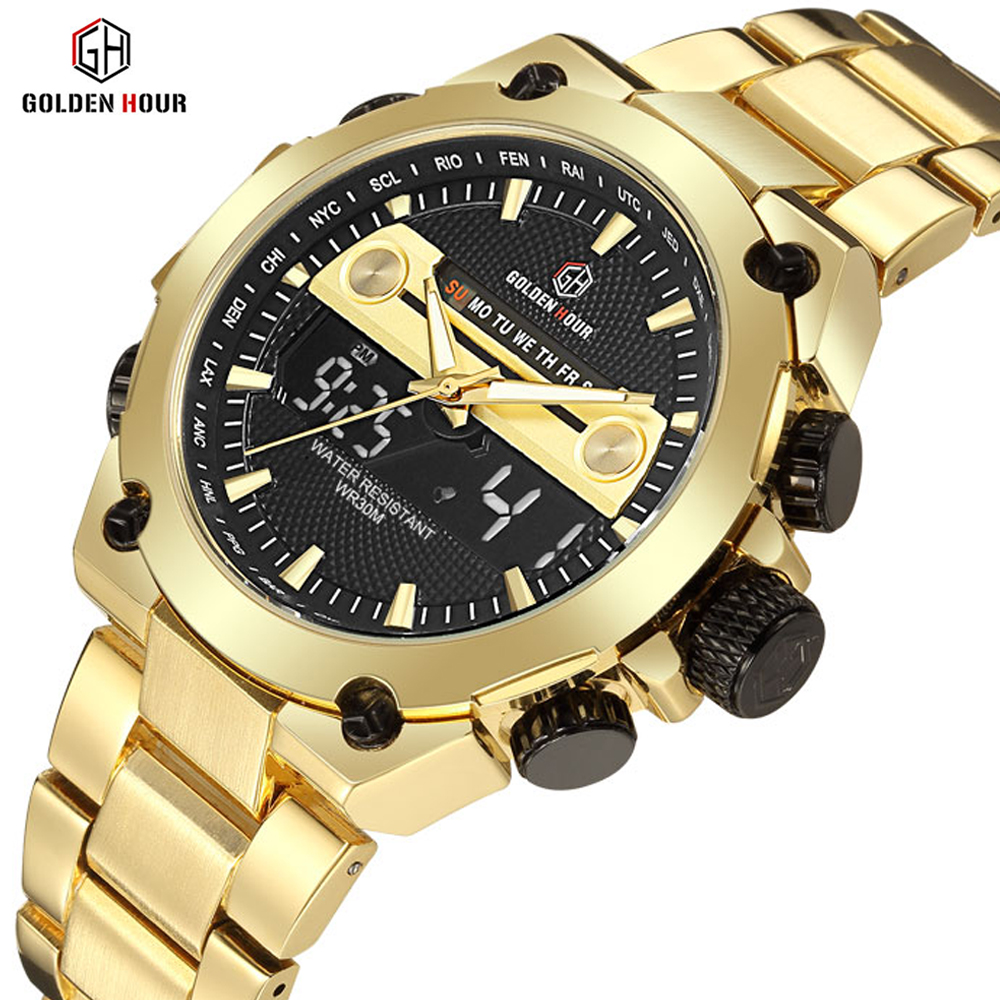 

Reloj Hombre GOLDENHOUR Luxury Gold Men Watch erkek kol saati Automatic Week Display Analog Fashion Male Clock Relogio Masculino, Black