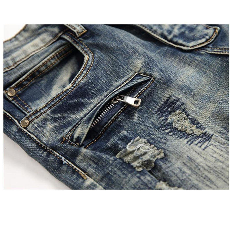Mens Classic Biker Jeans Male Slim Straight Knee Drape Panel Moto Biker Jeans Destroyed Ripped Stretch Hip Hop Trousers