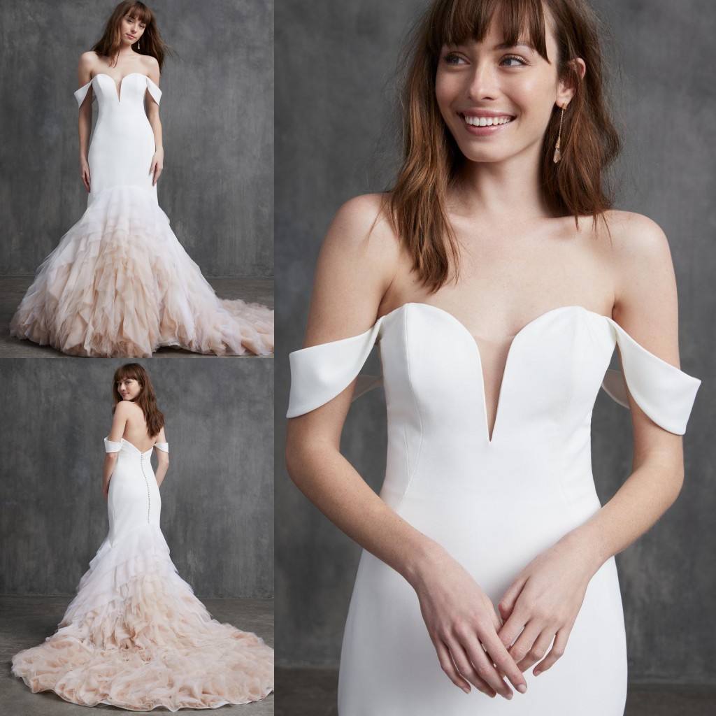 2020 Mermaid Wedding Dresses Off Shoulder Sleeveless Satin Bridal Gown Backless Ruffle Tiered Skirts Tulle Sweep Train Vestidos De Novia