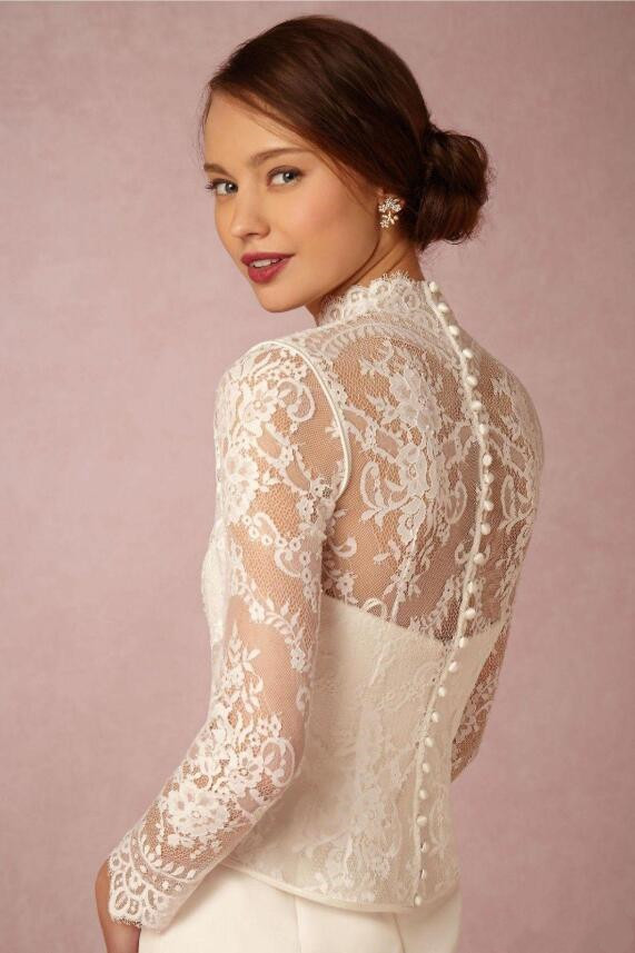 BHLDN 2019 Wedding Bridal Wraps Long Sleeve High Neck Wedding Lace Jackets Bolero Wraps New Button Back Custom Made Bridal Jacket