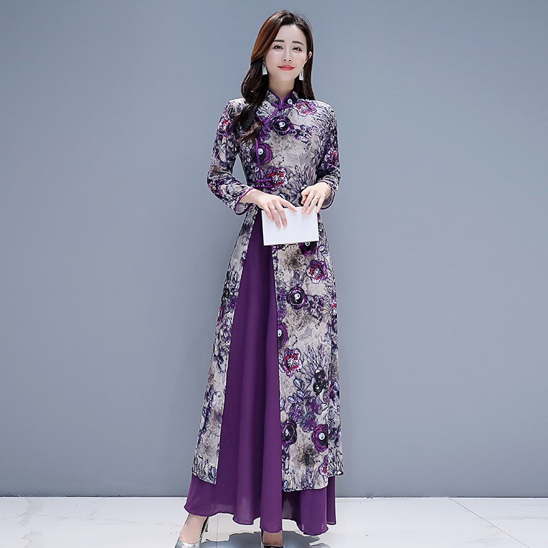 New long ao dai vietnam Style dress for women traditional ethnic clothing purple gown oriental dress Chinese improved cheongsam Qipao