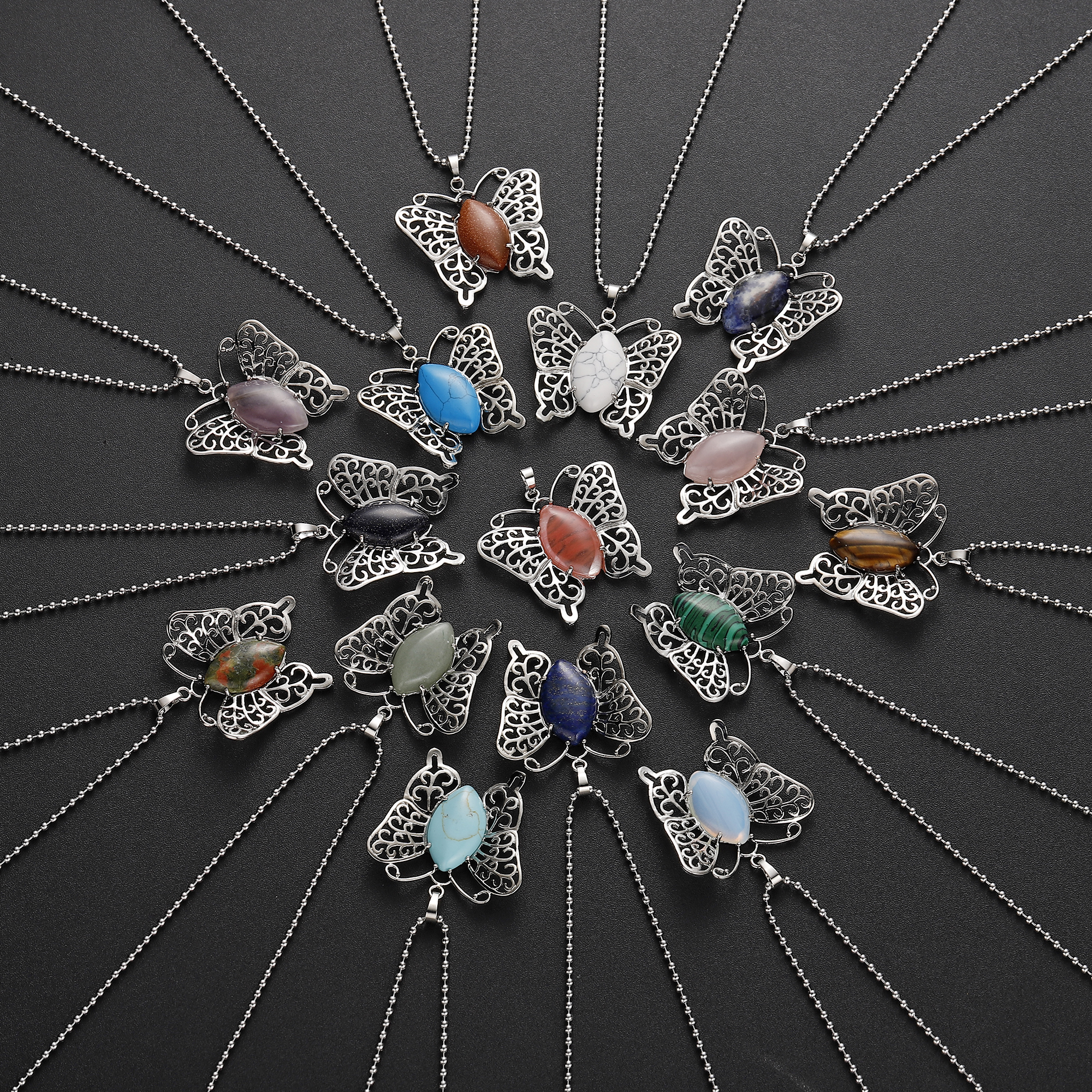 qimoshi Natural Stone Butterfly Woman Pendant Necklace Stainless Steel Designer Luxury Sweater Chain 12pcs