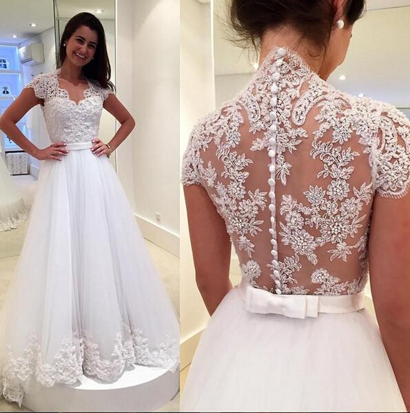 2020 Cap Sleeve Lace Tulle A Line Wedding Dresses Covered Button Illusion Long Bridal Gowns With Appliques, Red
2020 Cap Sleeve Lace Tulle A Line Wedding Dresses Covered Button Illusion Long Bridal Gowns With Appliques, Red