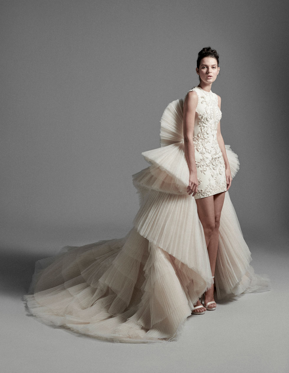 krikor jabotian dresses with detachable train tulle ruffles tiered skirts high low wedding dress custom made abiti da sposa