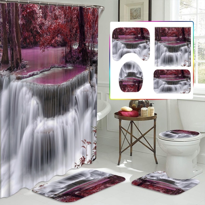 Beautiful Waterfall Red Tree Shower Curtain Set Waterproof Bathroom Curtains Carpet Non-slip Mats Pedestal Rug Toilet Seat Cover