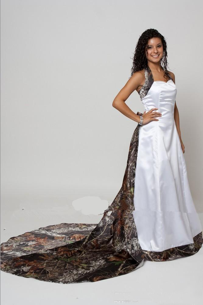 New Camo Wedding Dresses With Detachable Halter A Line Sweep Train Sash Bow Country Garden Bridal Gowns Cheap Customized