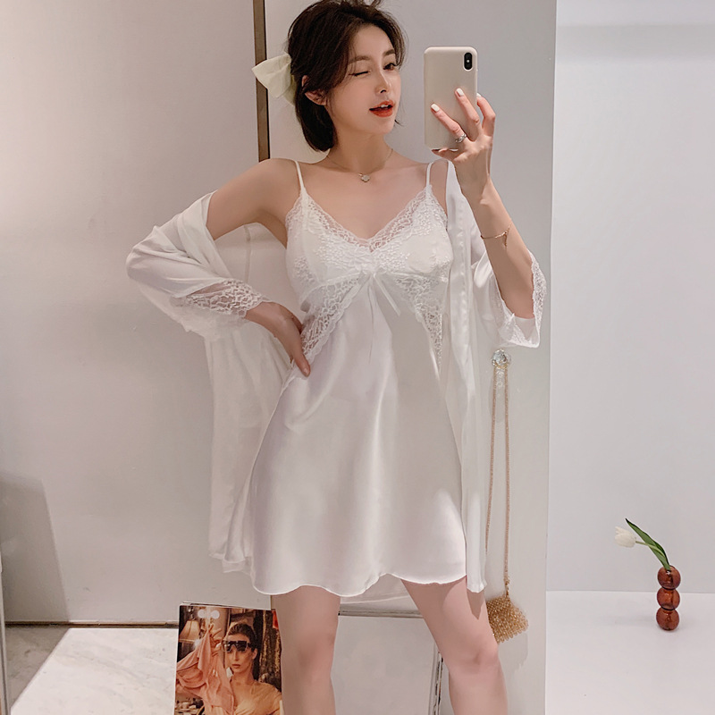 Solid Color Lace Nightgown Beautiful Korean Sexy Suspender Nightdress with Chest Pad Ice Silk Two-piece Homewear Silk Nightgown, Black
Solid Color Lace Nightgown Beautiful Korean Sexy Suspender Nightdress with Chest Pad Ice Silk Two-piece Homewear Silk Nightgown, Black