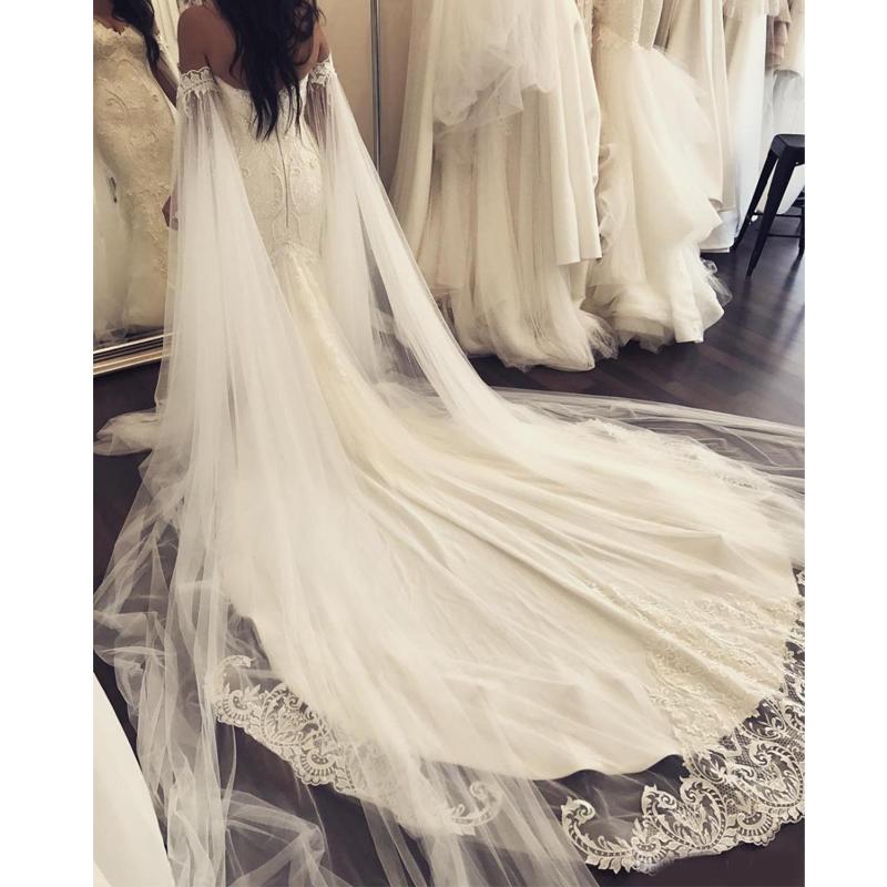 2020 Mermaid Wedding Dresses With Shawl Robe de mariee Applique Beading Pearls Wedding Gowns Court Train Sheath Bridal Dresses