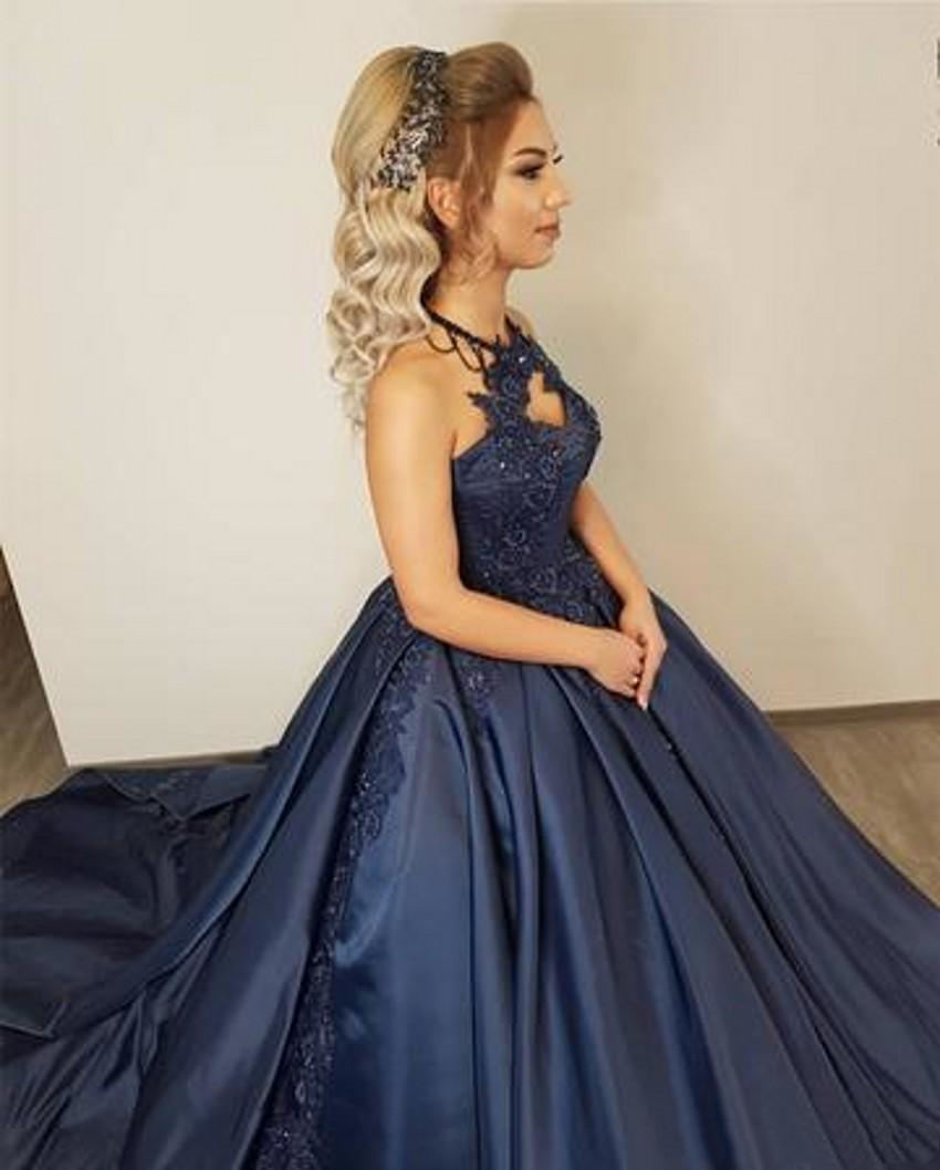 2019 Dark Navy Prom Halter Lace Evening Party Gowns Sweet 16 Quinceanera Graduation Dresses Pageant Dress Puffy Skirt Custom Made 0510