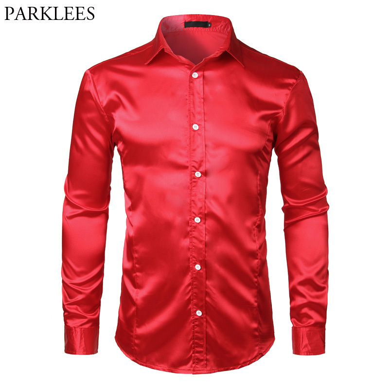 Men's Slim Fit Silk Satin Dress Shirts Wedding Groom Stage Prom Men Long Sleeve Button Down Shirt Male Chemise Homme Red MX200518