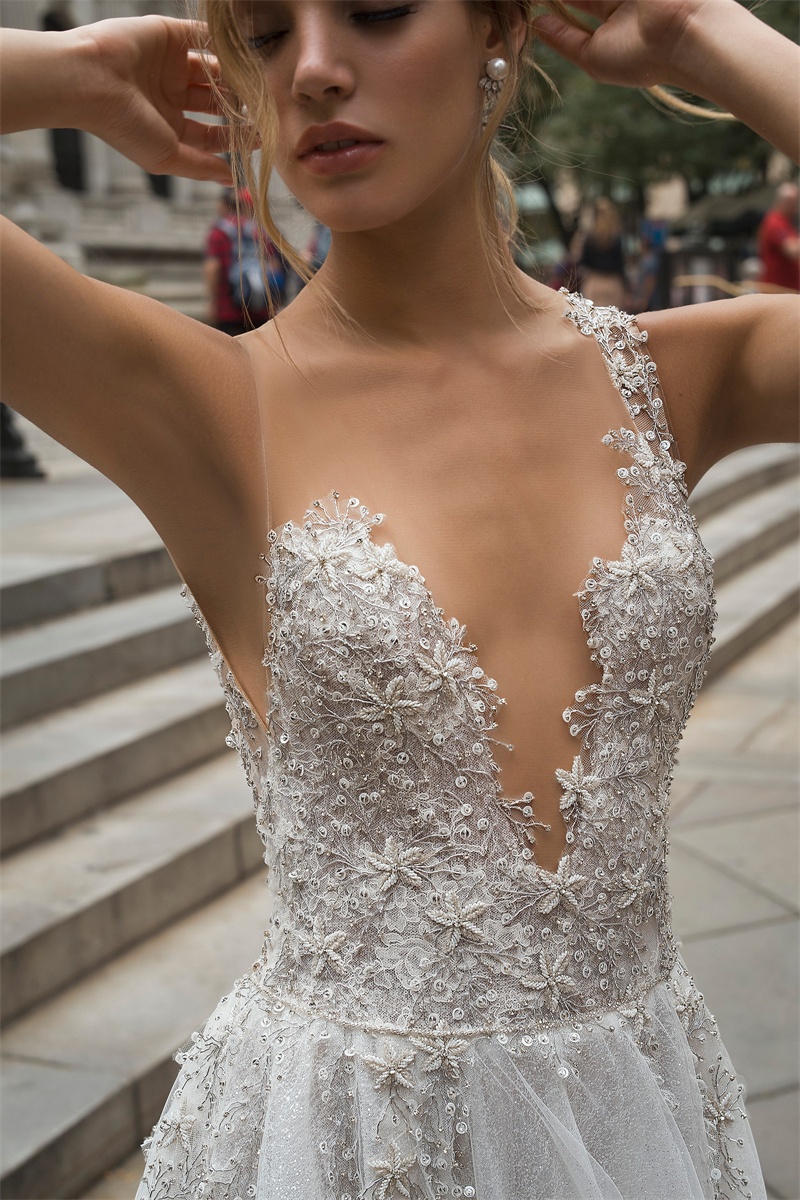 bohemia beach split wedding dresses sexy lace appliqued beads tulle sheer v neck boho wedding dress bridal gowns robe de marie