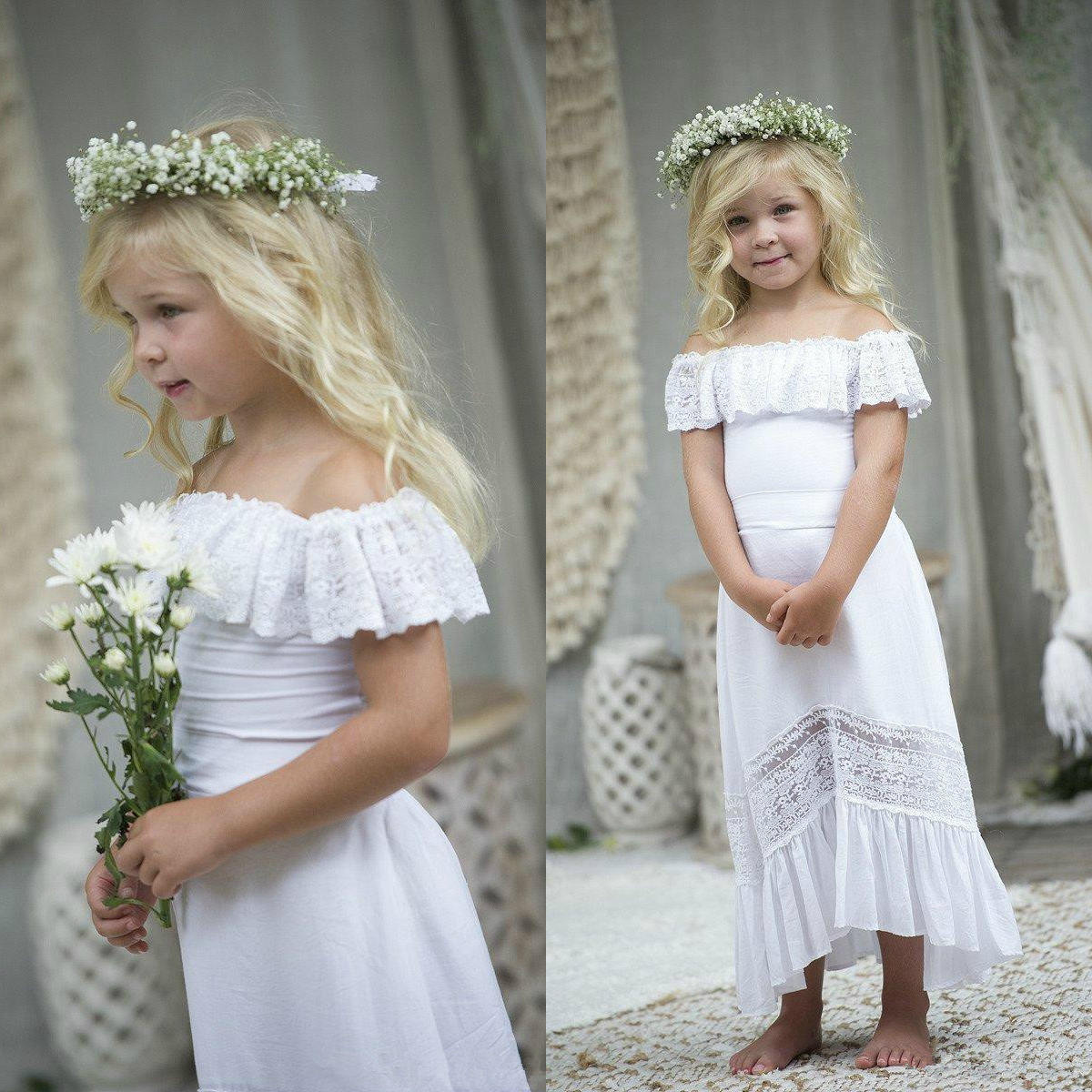 Lovely Bohemian Off the shoulder White Flower Girls Dresses For Wedding with Sleeves Long Lace Backless Beach Boho First Communion Dress New