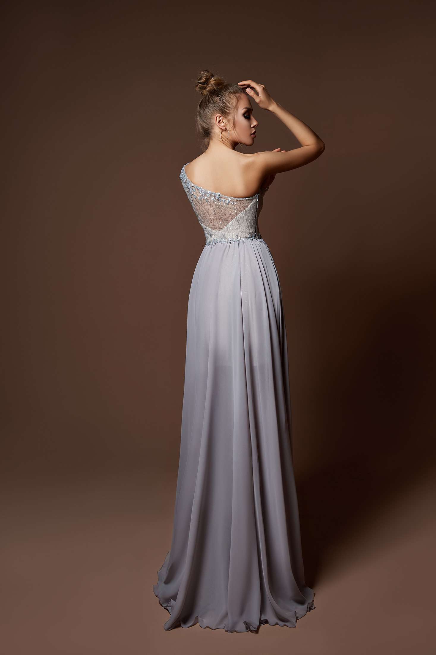 Gray One Shoulder Prom Dresses Long Sleeve Sequins Beads Split Chiffon Evening Gowns Plus Size Special Occasion Party Dress Abendkleider