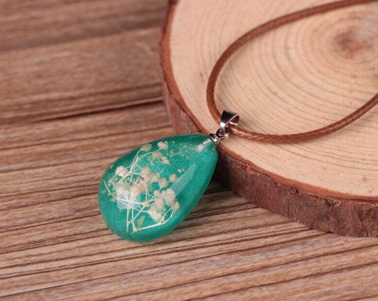Resin Water Drop Dried Flower Stone Pendant Necklace Jewelry DJN73 mix order Pendant Necklaces jewelry