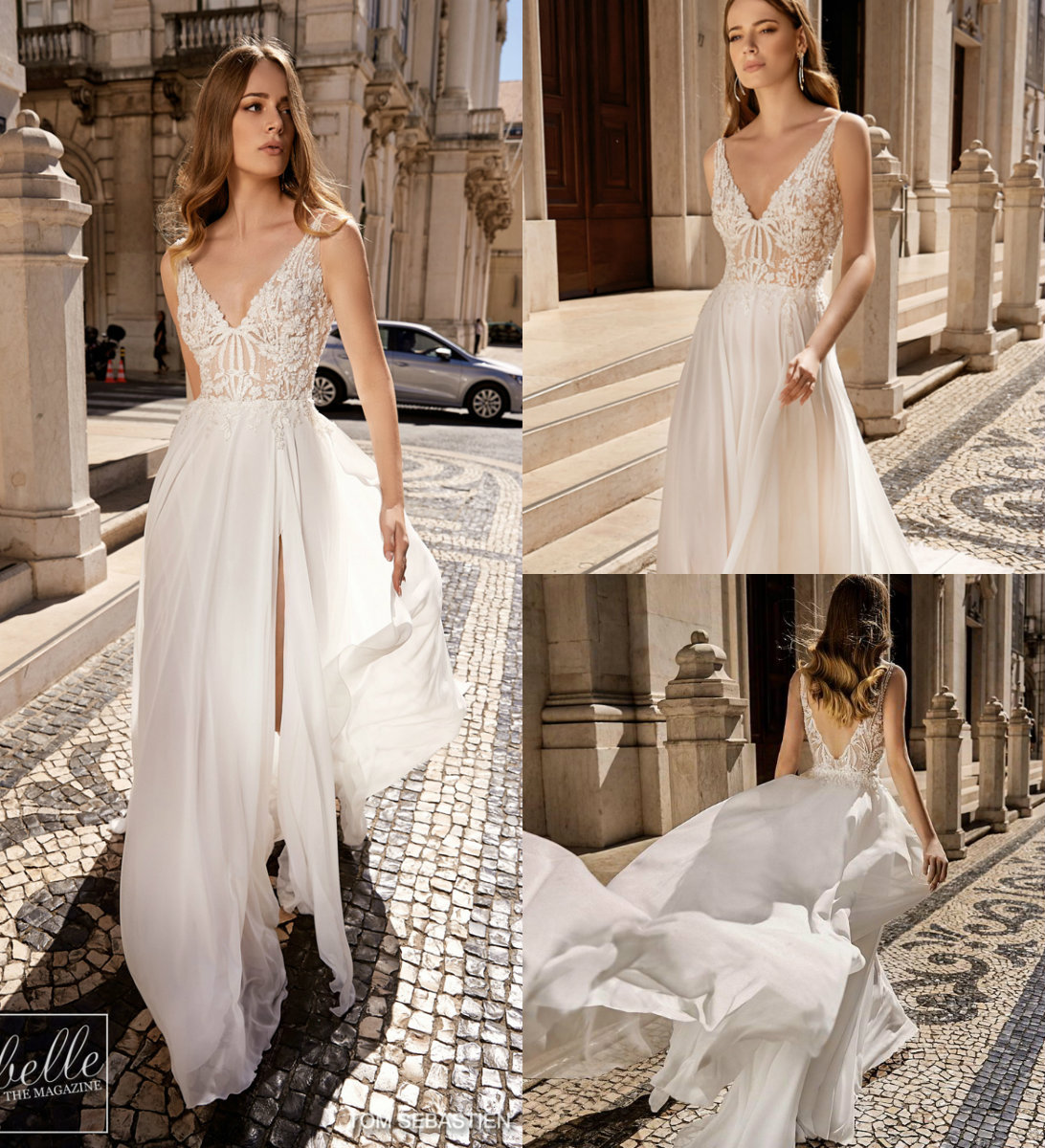 Chiffon Beach Dresses A e V Neck Backless Sweep Train Tulle Embroidery Lace Wedding Dress Garden Boho Bridal Gowns