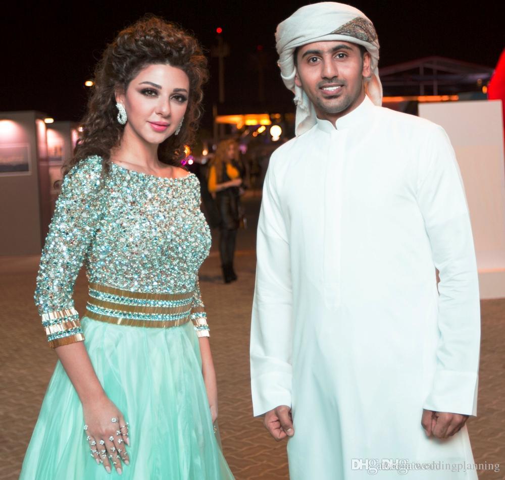 Sexy Mint Green Arabic Backless Prom Plus size Crystals Rhies Myriam Fares Formal Gowns Pageant Evening Dresses