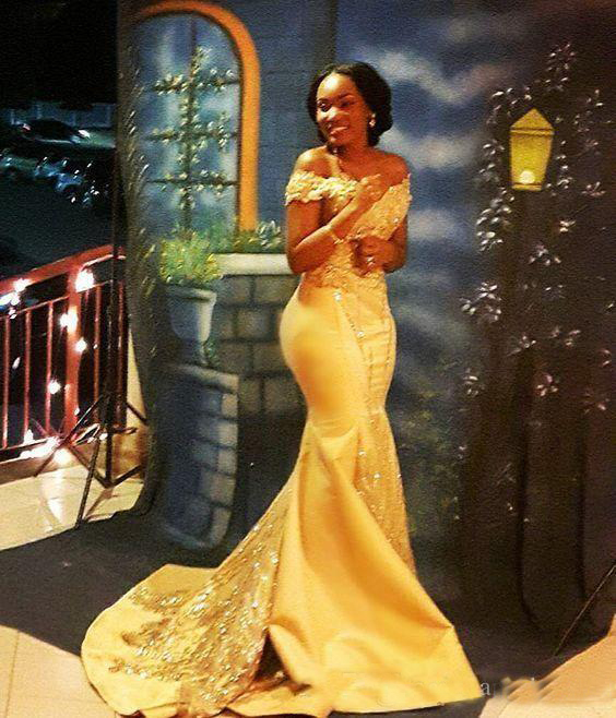 Elegant Yellow African Mermaid Prom Dresses Long Formal Off Shoulder Luxury Beading Crystal Satin Arabic Evening Gowns Party Dresses