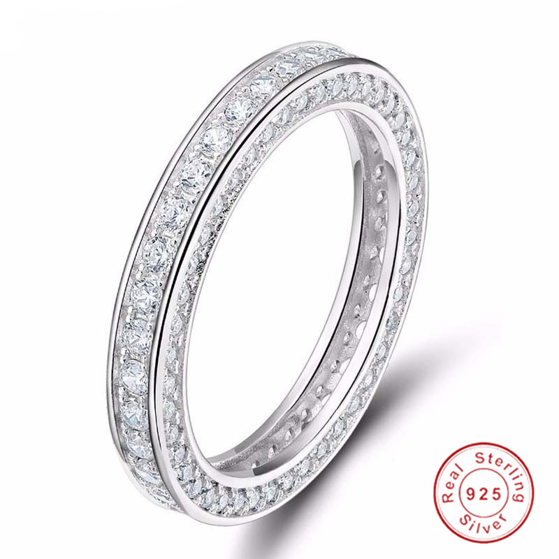 Fashion Vintage Jewelry Real 925 Sterling Silver Full Round Cut White Sapphire CZ Diamond Gemstones Women Wedding Band Ring Gift Size 5-10