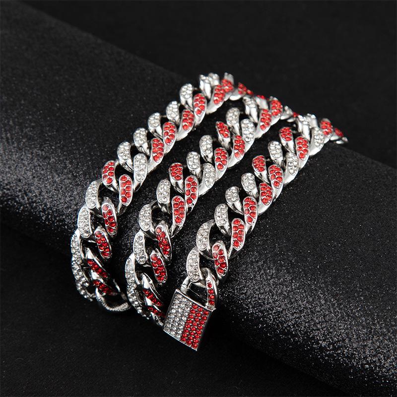 3 Colors 13mm Hiphop Mens Full Red Diamond Cuban Link Chain Necklace Bracelet guys Bling Curb Choker Chains Miami Rapper Jewelry for Men