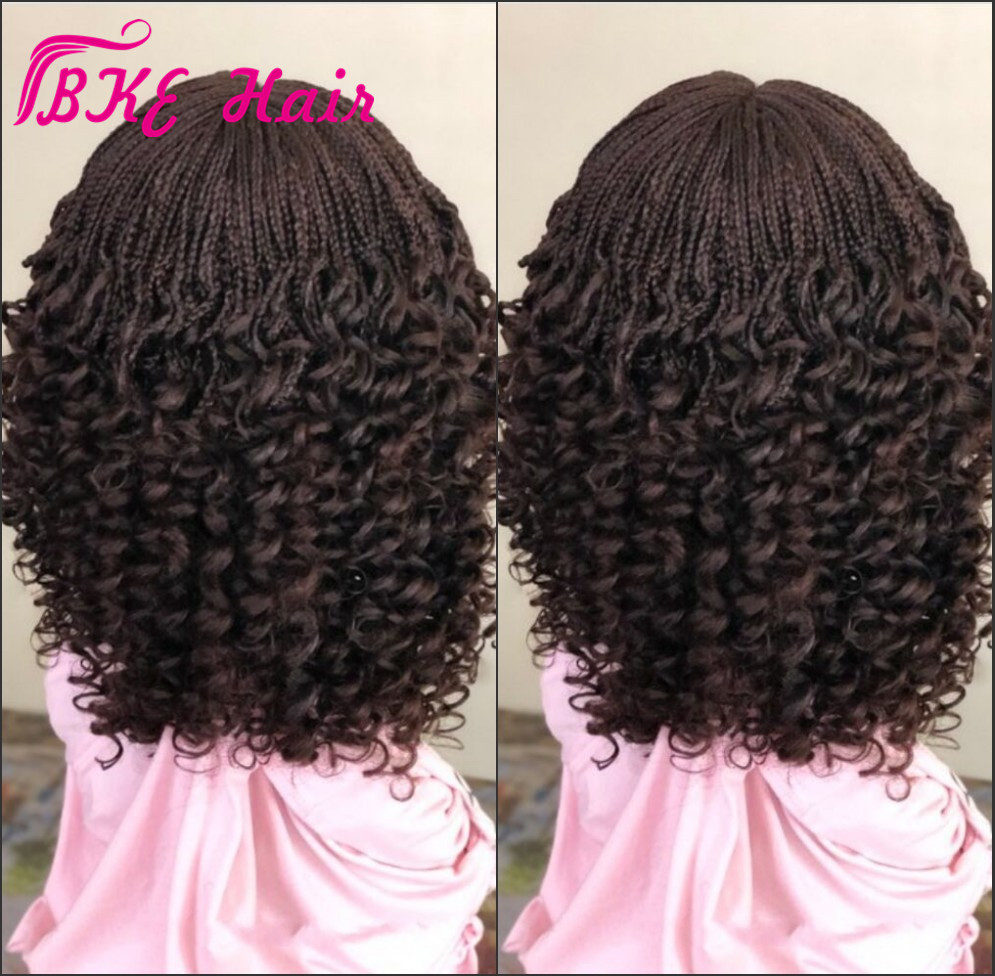 Free shipping Handmade africa braided style short curly wig black/brown /blonde /bury red Box Braid Braided Lace Front Wig With Curly End for women