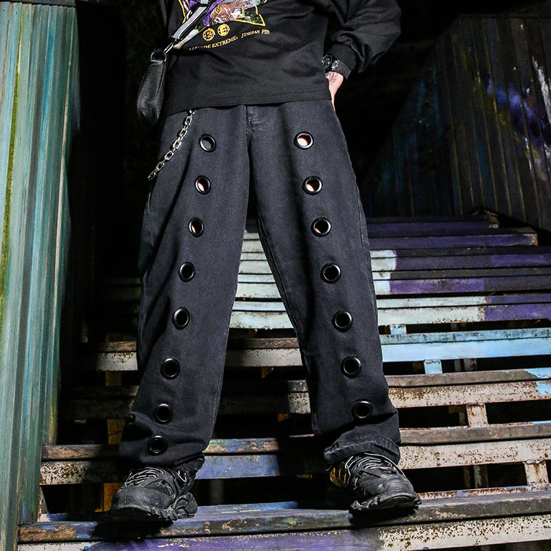 Women Man High Streetwear Plus Size Loose Baggy Hollow Hole Ring Punk Wide Denim Pant Hip Hop Harajuku Tracksuit Jeans Oversized