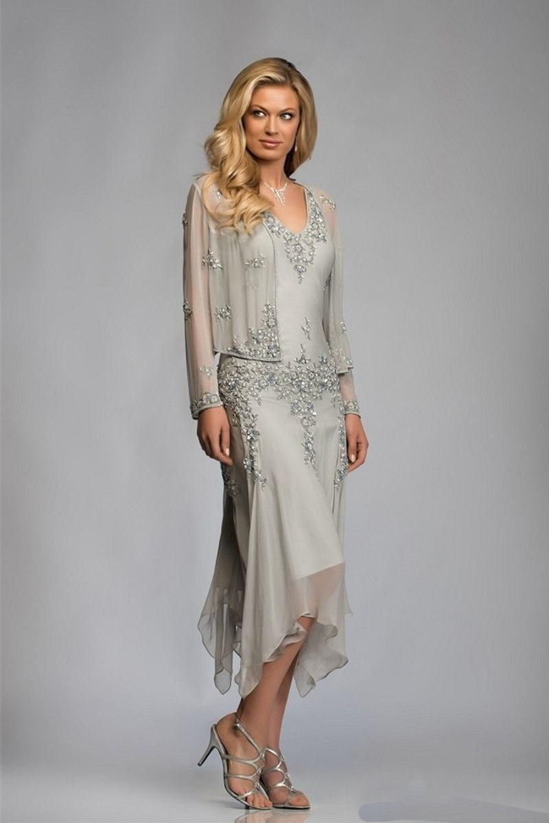 2019 New Two Pieces Mother of the Bride Dresses with Coat Long Sleeve Tea-Length Evening Dresses Wedding Guest Gowns Cheap Plus Size