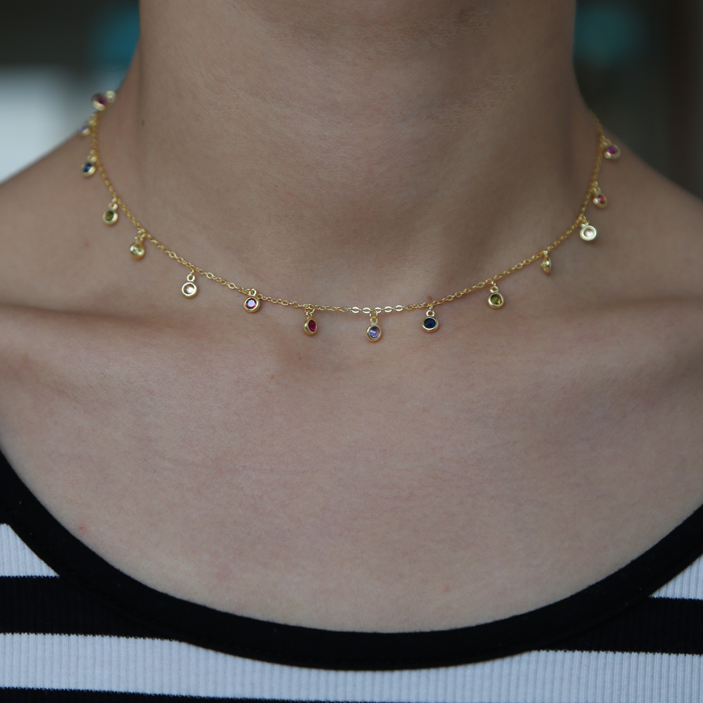 Wholesale-rainbow cz drop choker necklace for women 2018 gold plated vermeil tiny round dots statement necklaces