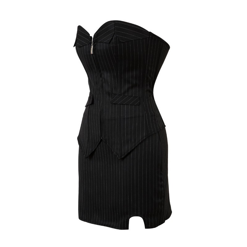 Black Striped Suit Style Corset Dress Women Nightout Club Wear Overbust Zipper Bustier Plus Size S-6XL Corset Costume