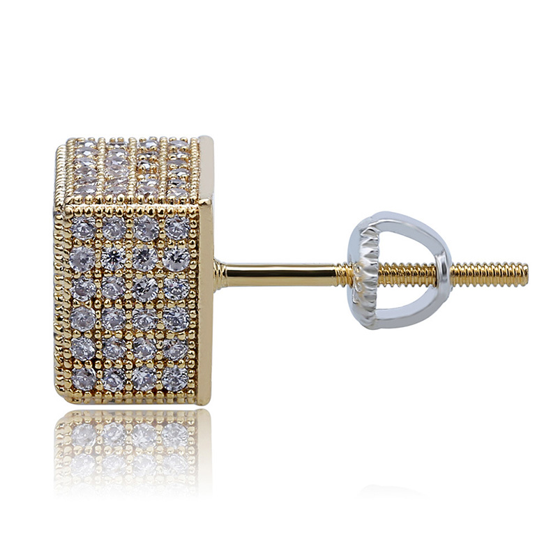 Geometric Fashion Earrings for Men  Gold-Plated Square Studs with White Zircon Stones