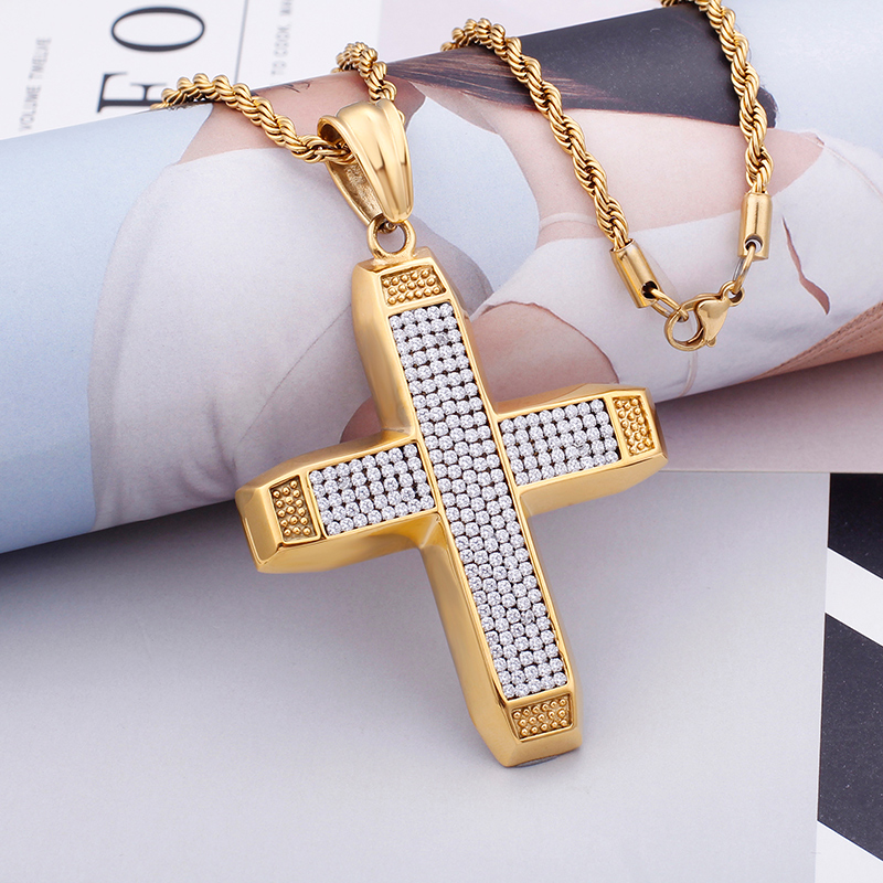 Men's Hip Hop Cross Pendants Necklace 316L Stainless Steel Full Cubic Zirconia Setting 18K Gold Plated Jewelry