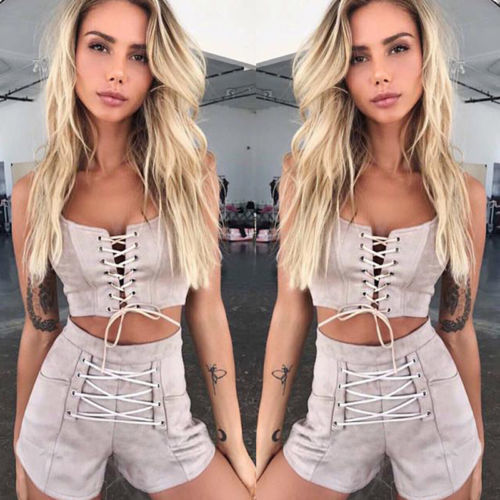 Hirigin 2 Piece Set Women 2018 Tracksuit Sexy Women Crop Top Set Sexy Bandage Outfits Women Clothes Tank Tops + Hot Pants Shorts D19011104