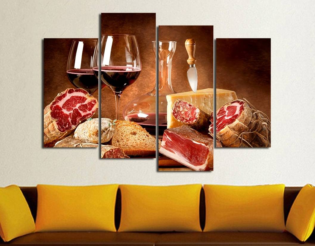 4pcs/set Unframed HD Print On Canvas Wall Art Picture For Home and Living Room Decor Red Wine and Meat