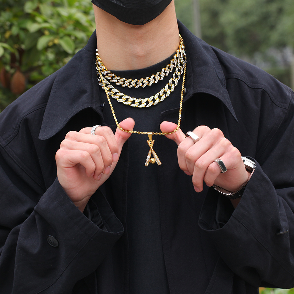 Hip Hop Stainless Steel Baseball Pendant Necklace Sports Fitness Jewelry 18k Real Gold Plated White Zircon