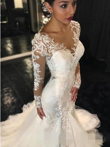 2019 Elegant Long Sleeves Mermaid Dresses Lace Applique Scoop Sheer Neck Sexy Illusion Back Covered Buttons Custom Made Wedding Gown