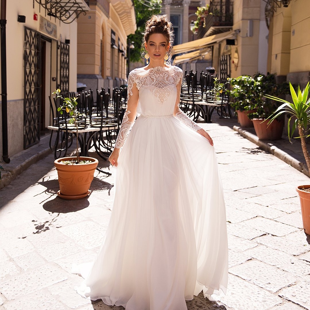 Lace Long Charming Sleeves Wedding Dresses Beaded Bateau Neck Bridal Gowns A Line Chiffon Sweep Train Robe De Marie