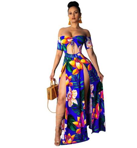 Boho Printed Summer Beach Maxi Dress Strapless Off Shoulder Sexy High Slit Sundress Womens Robe Hollow Out Long Dr
