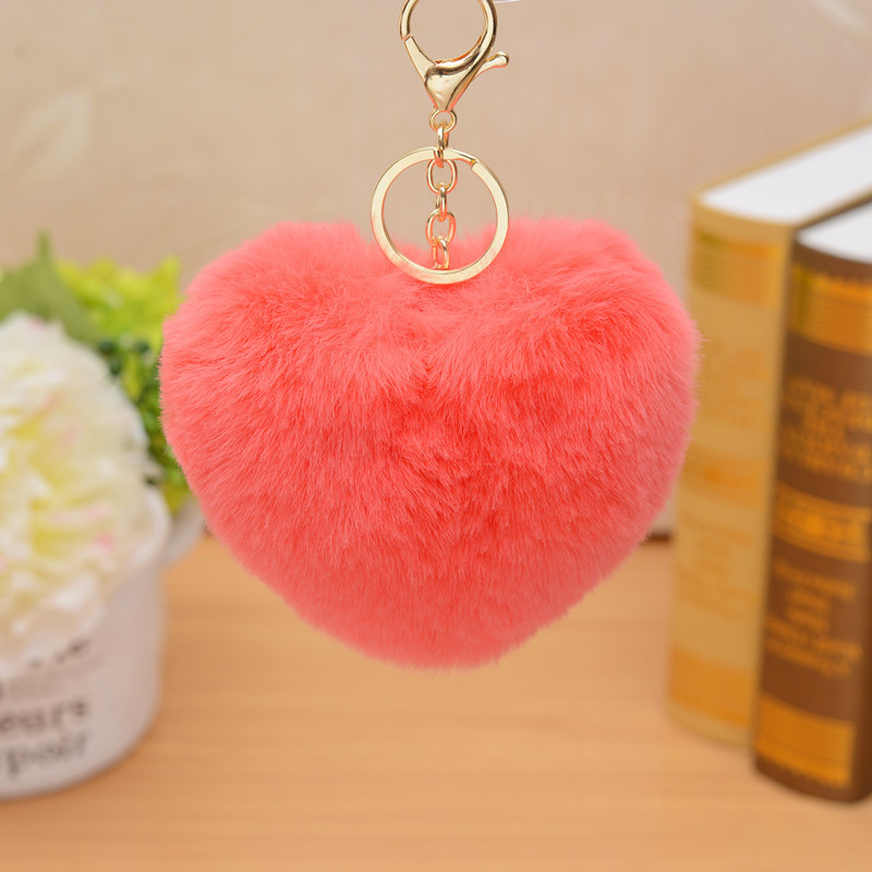 12cm Cute Fluffy Heart Keychains Women's Pom Poms Faux Rex Rabbit Fur Key Chains Girl Bag Hang Car Key Ring Jewelry Accessories
