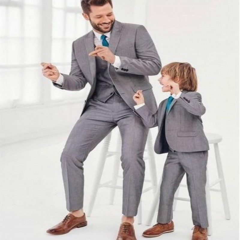 Best Gray Mens Wedding Tuxedos Three Piece Coat Pant Vest Slim Fitted Father And Son Wedding Party Suit Custom Madde Bussiness Suit