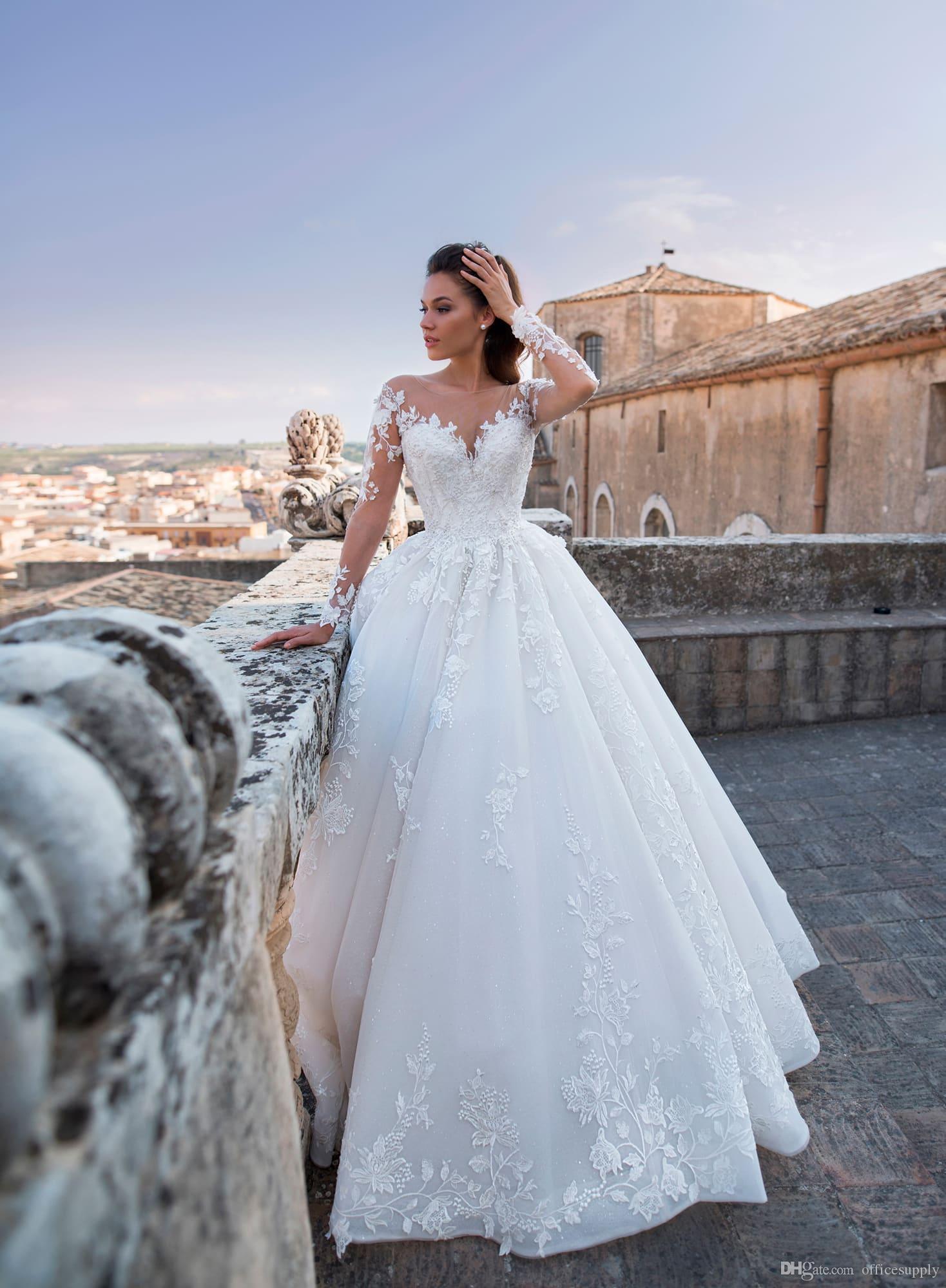 Vintage A Line Wedding Dresses Lace Sheer Neck Long Sleeve Appliques Sweep Train Backless Wedding Dress Bridal Gowns vestidos de novia