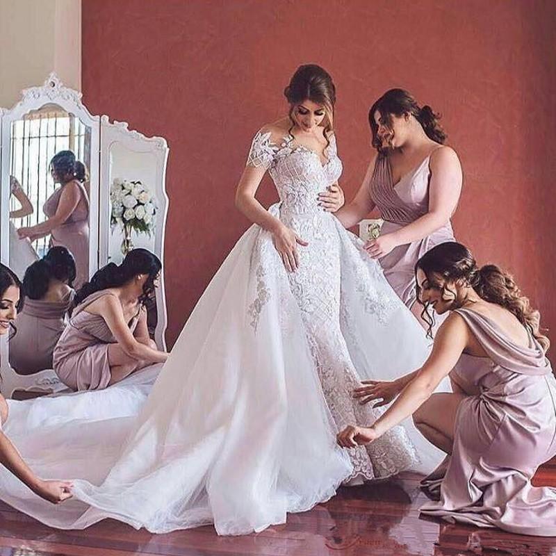 2020 Mermaid Wedding Dresses With Detachable Train Appliques Lace Short Sleeves Country Wedding Dress Custom Made Robe De Mariee