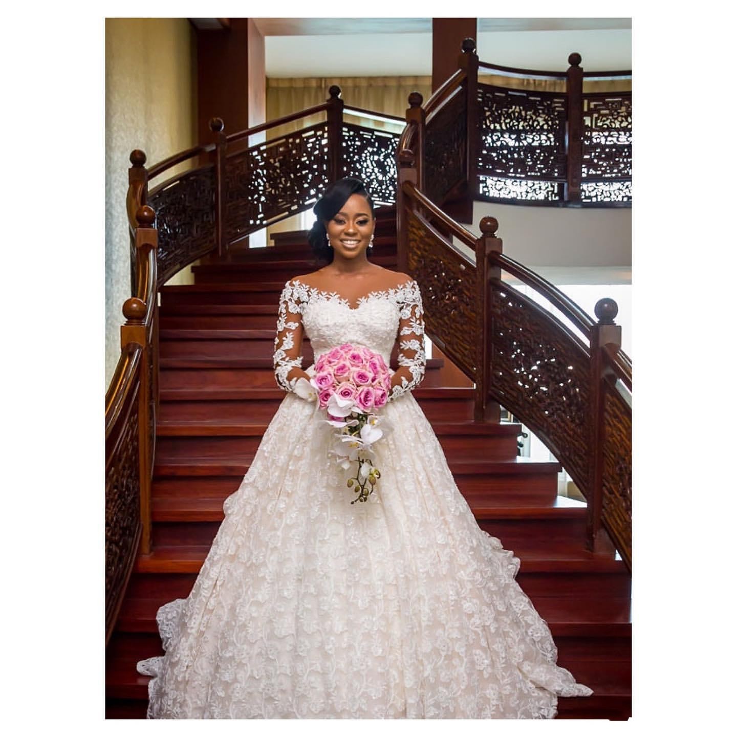 Sexy African A Line Wedding Dresses Scoop Neck Illusion Full Lace Pearls Beaded Long Sleeves Chapel Train Ball Gown Formal Bridal Gowns