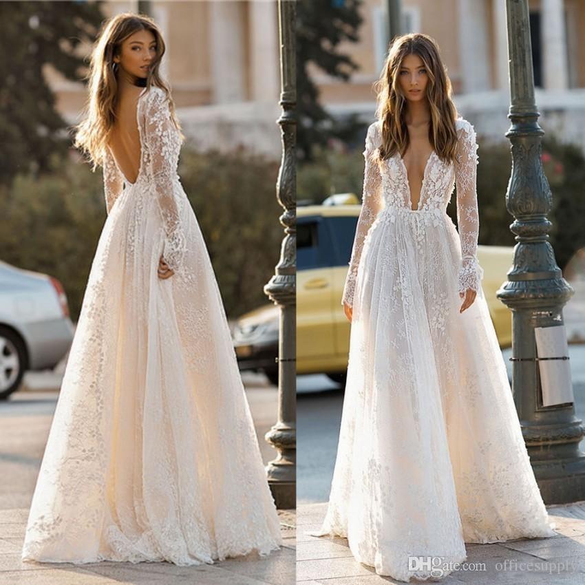 Gorgeous Lace Sexy Wedding Dresses Illusion Sheer Plunging Neck Long Sleeve Backless Summer Beach Garden Bridal Gowns Vestidos De Novia