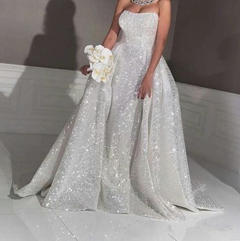 Mermaid Dress Sequined Overskirts Shiny Strapless Bridal Gowns Gorgeous Saudi Arabia Wedding Dresses with Detachable Train es