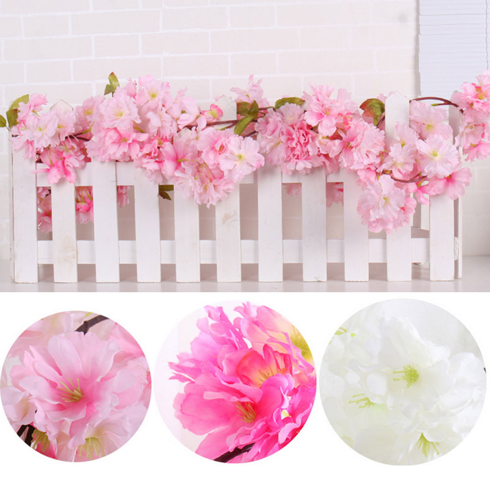 5.8ft Artificial Cherry Blossom Garland Wall-Mounted Rattan Hanging Vine Silk Rattan Wedding Party Decor White