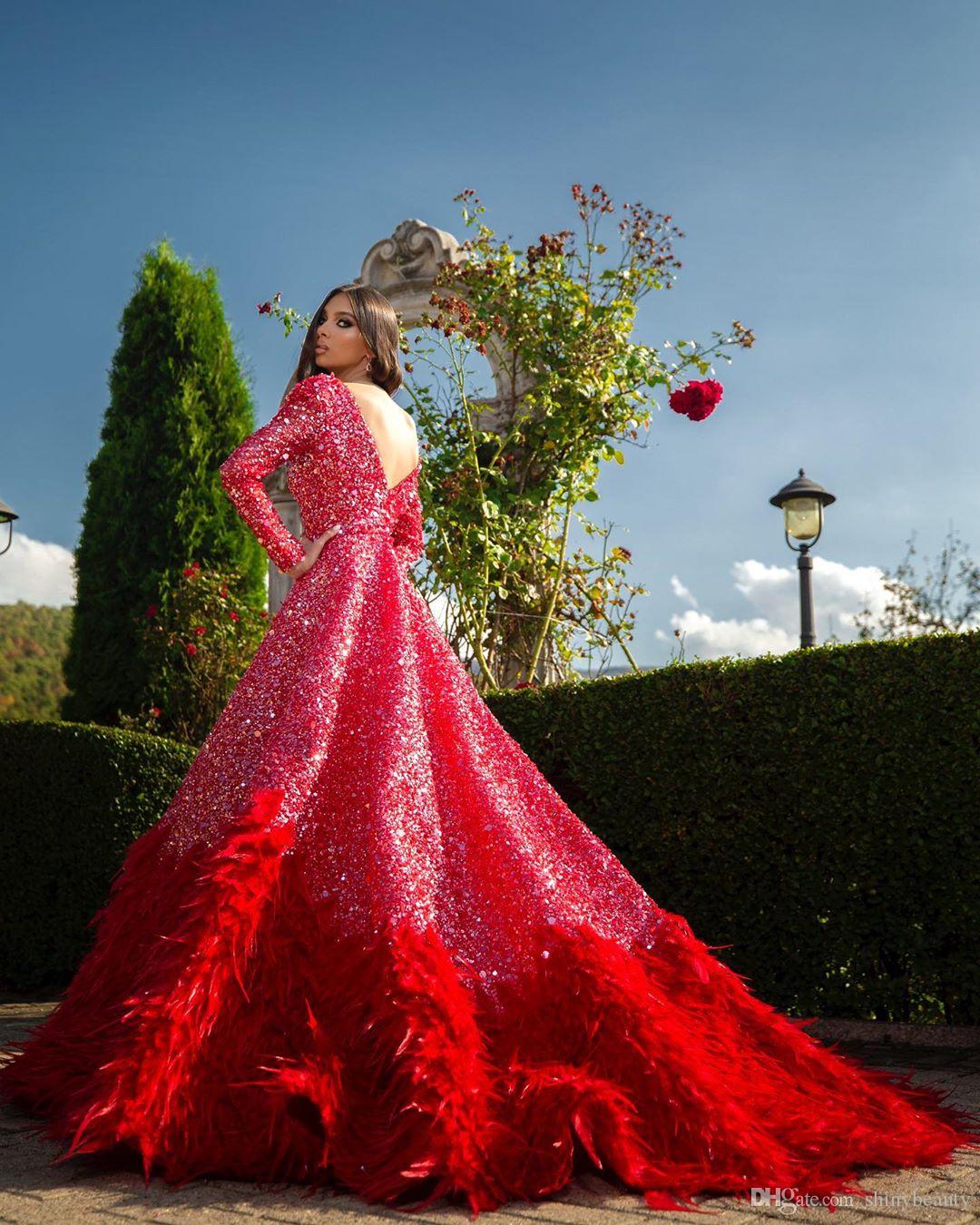 Arabic Sparkly Prom Dresses Deep V Neck Sequins Beads Luxury Feathers Long Sleeves Evening Gowns Backless Formal Occasion Dress