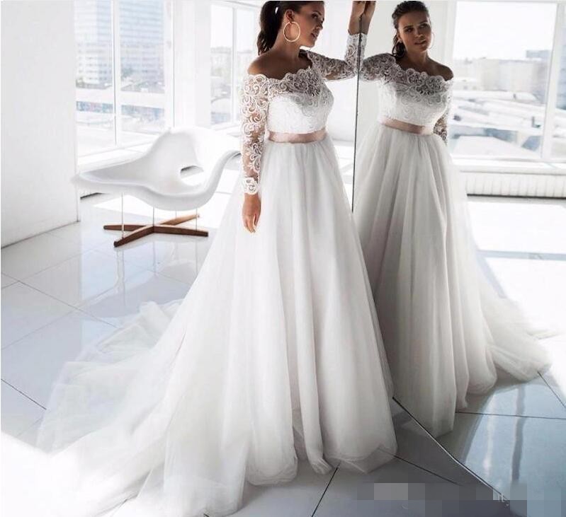 Elegant Off Shoulder Dresses Long Lace Sleeves Dusty Pink Ribbon Sweep Train Tulle Plus Size Wedding Bridal Gown Custom Made