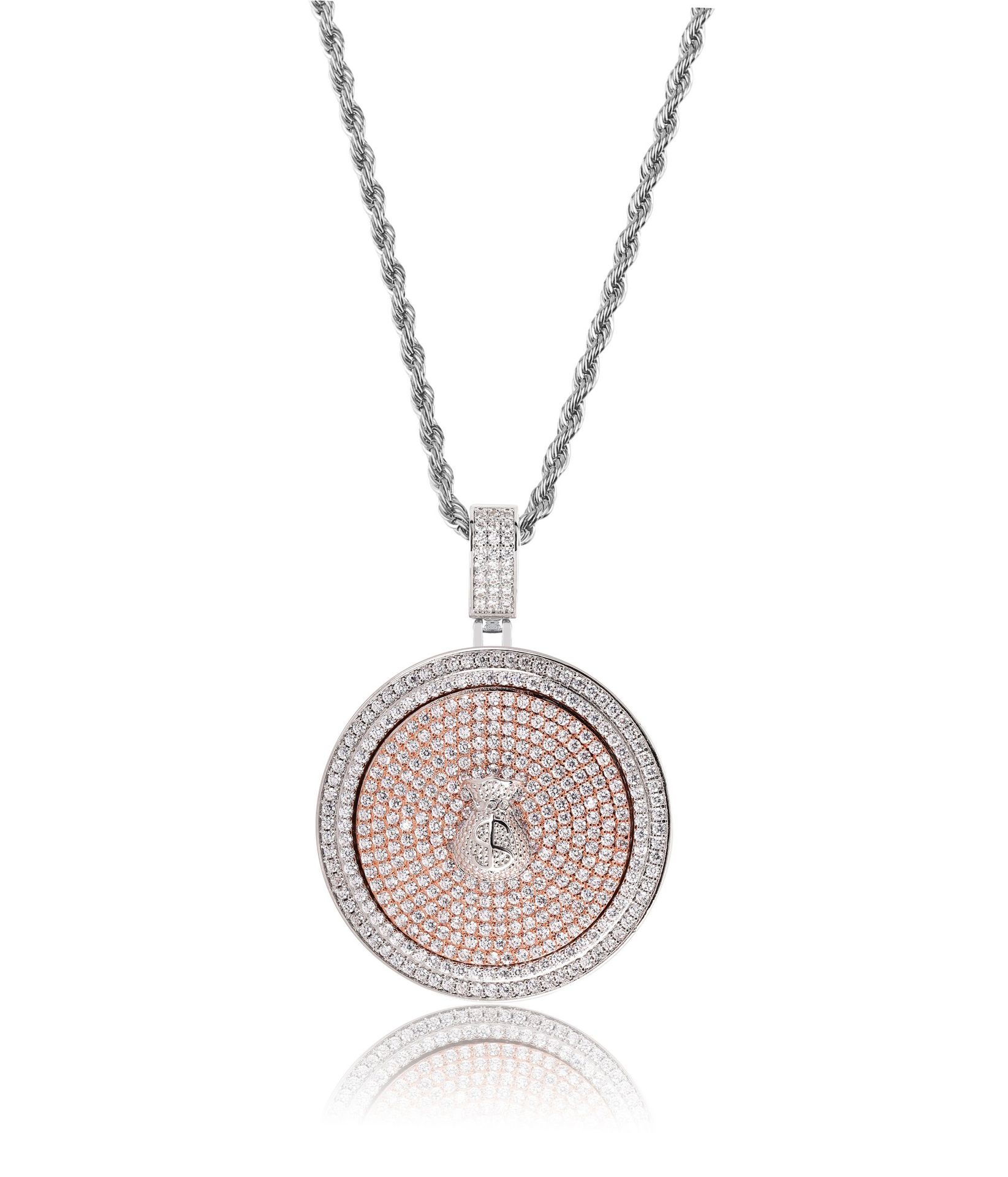 Personalized 18K Gold Plated Iced Out CZ Zirconia US Dollar Sign Money Bag Round Rotating Pendant Chain Necklace Hip Hop Rapper Jewelry Gift