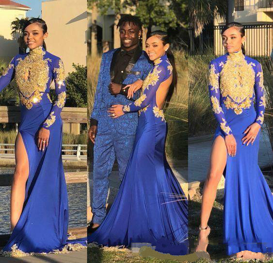 royal blue black girls prom dresses mermaid keyhole front gold lace long sleeves couple day dresses evening wear slits open back prom dress