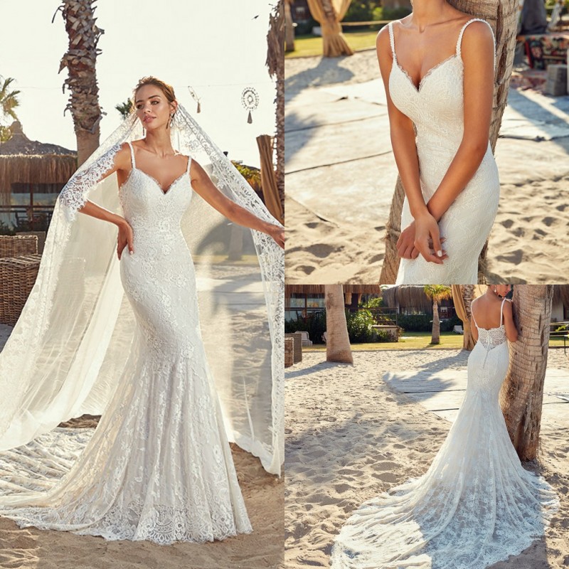 eddy k mermaid wedding dresses lace appliqued spaghetti neck backless bridal gowns full lace trumpet sweep train beach wedding dress