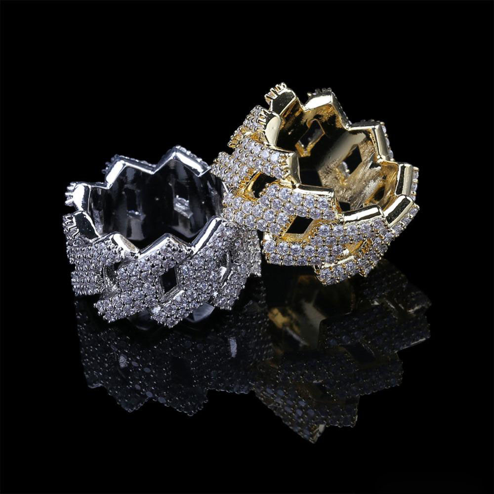 Ice Out Cubic Zircon Cuban Ring For Men Silver Gold Color Hip hop Jewelry Size 810